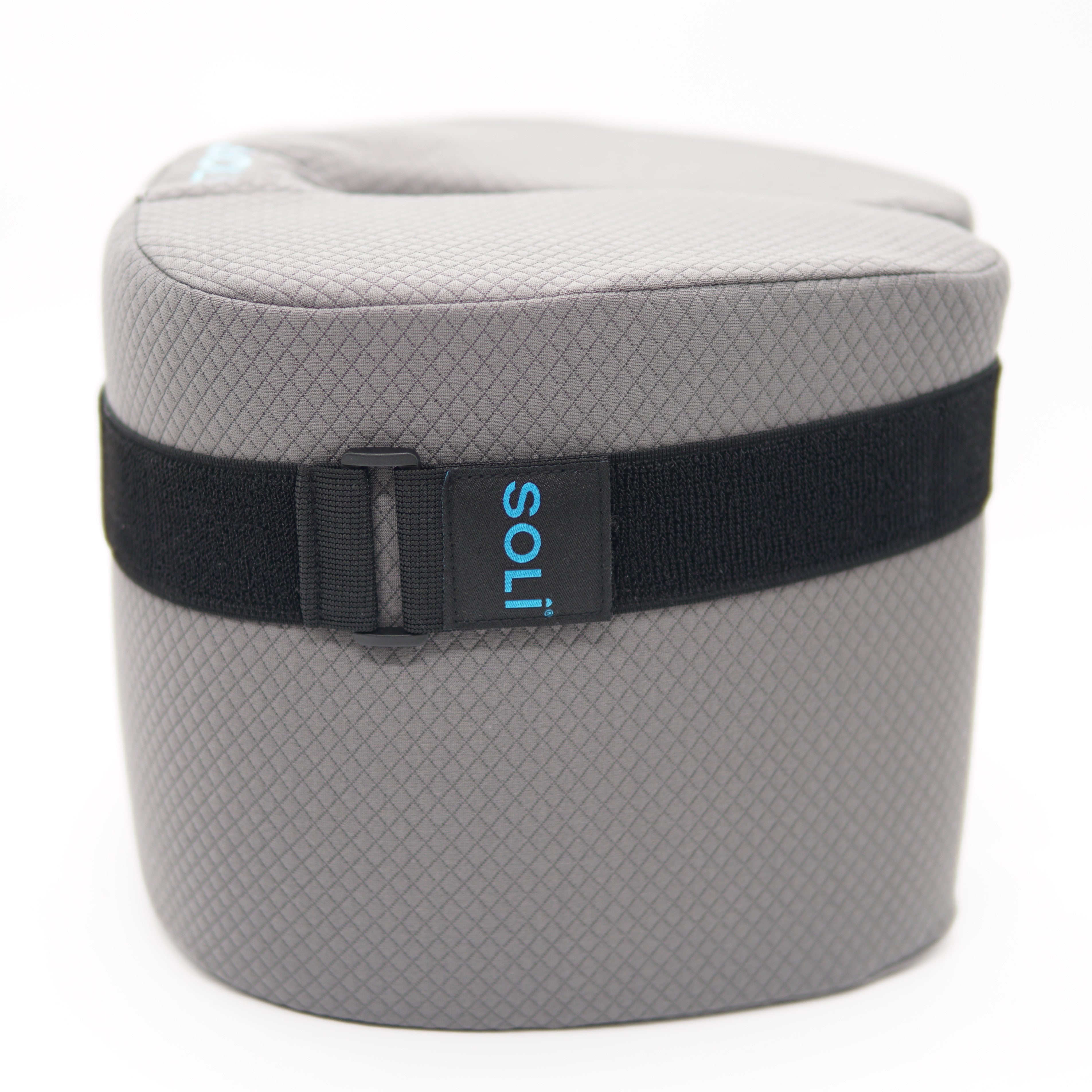 Soli Loop wrapped around a Soli Pillow. The Soli Loop keeps the pillow around your ears all night. The Soli Loop makes the Soli Pillow even more noise cancelling.
