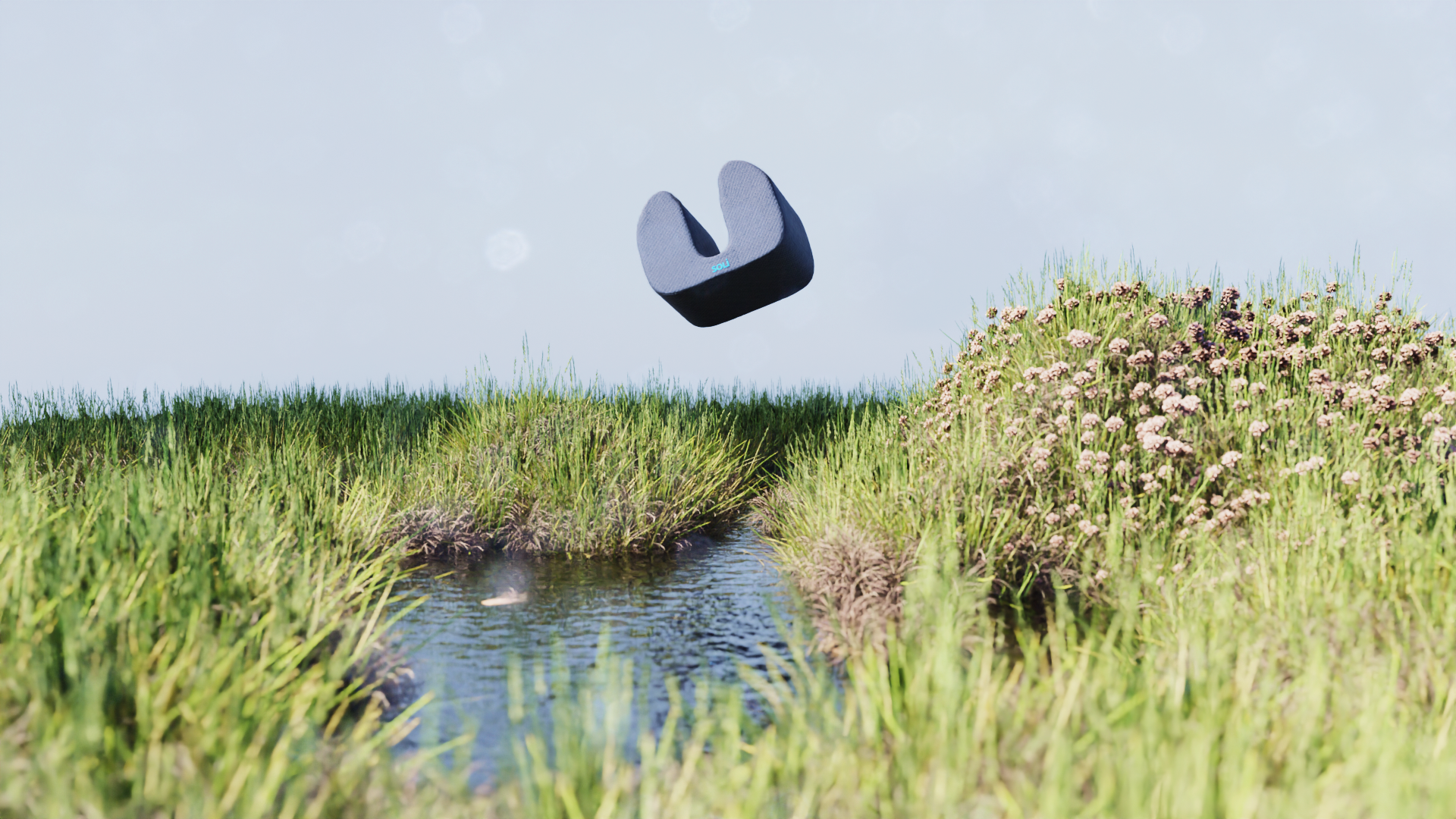 a noise cancelling pillow with headphones is shown floating in a scenic area