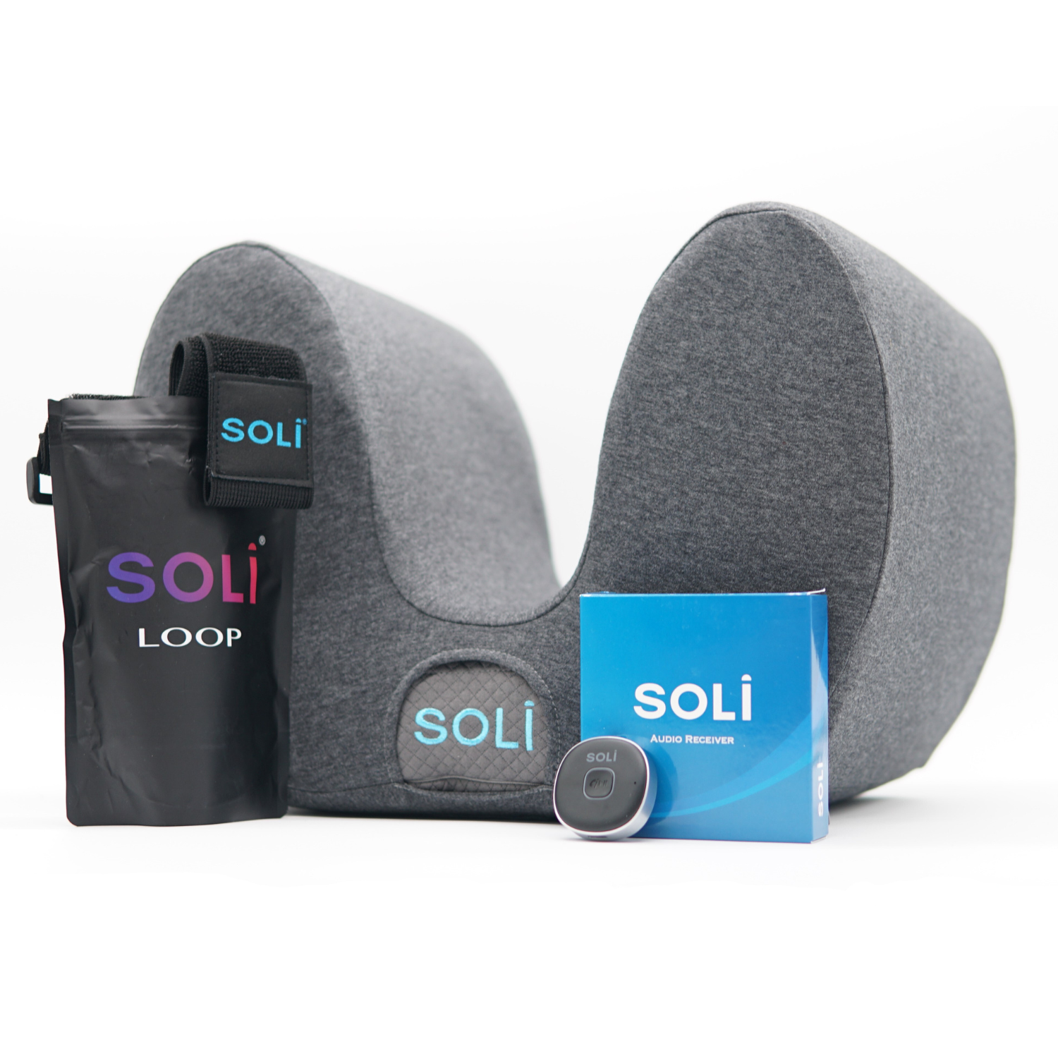 Sleep Headphones with accessories. This pillow is sound cancelling.