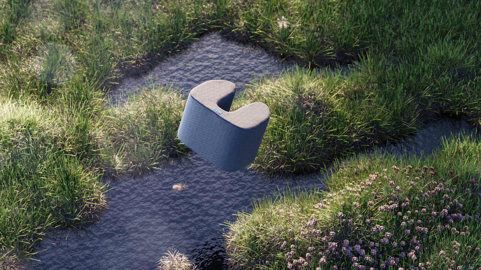 a soft sound canceling headphone pillow designed for sleeping is floating above a scenic creek.